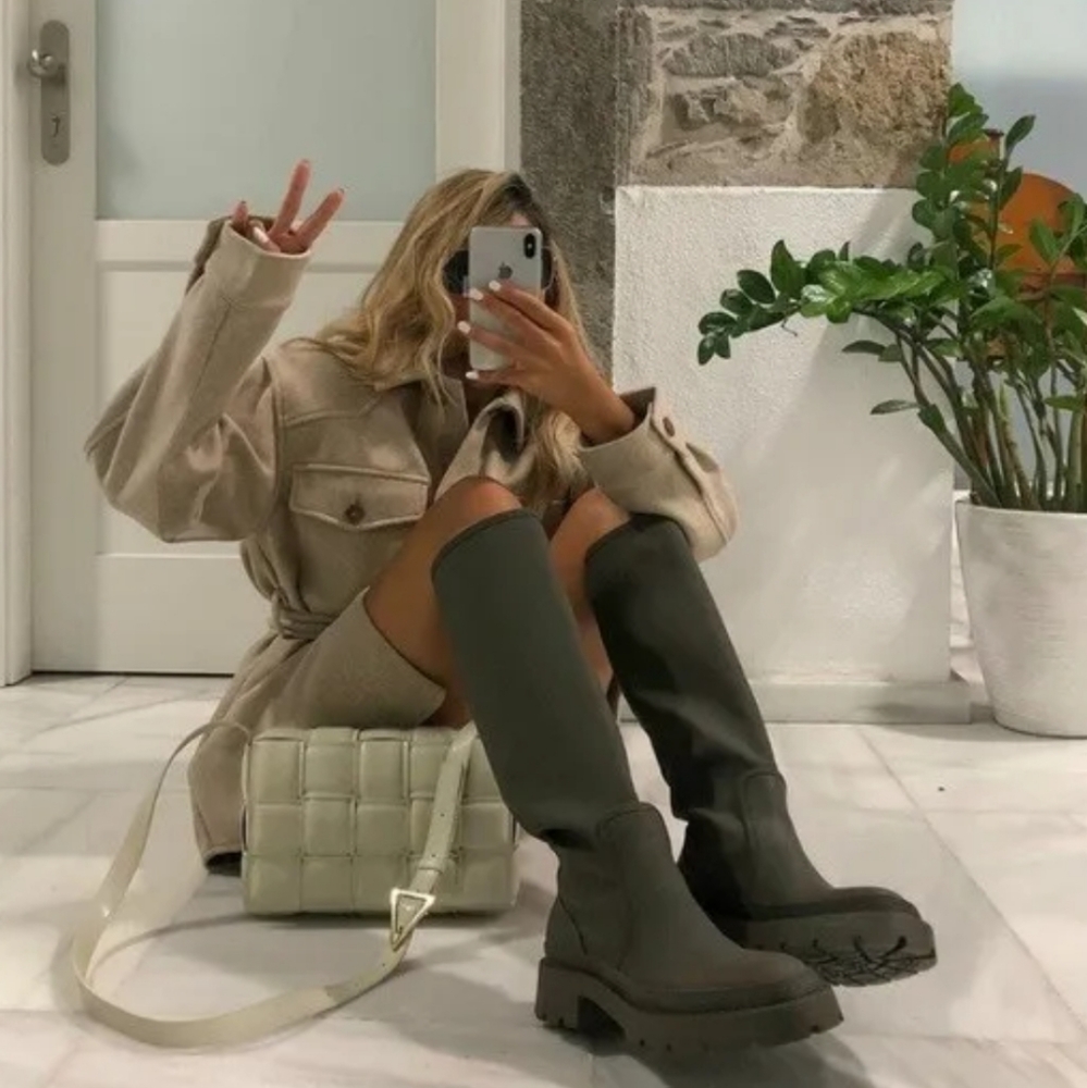 NEW Zara Tall Rubberized Boots in Khaki Green
